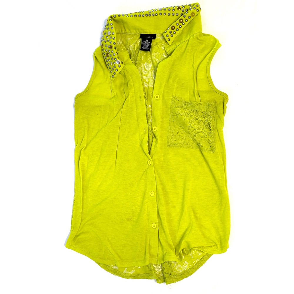 Rue21 Neon Lime Green Studded Collar Lace Back Sleeveless Button Up Top Medium